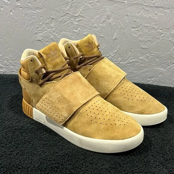 🔥🔥 Adidas Tubular Invader Tan Suede Hi-Top Strap Sneaker Shoes Men Sz 6 - EUC