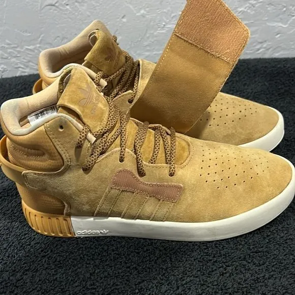 🔥🔥 Adidas Tubular Invader Tan Suede Hi-Top Strap Sneaker Shoes Men Sz 6 - EUC