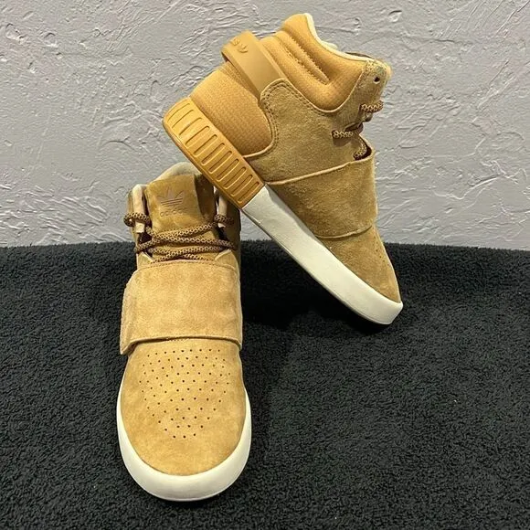🔥🔥 Adidas Tubular Invader Tan Suede Hi-Top Strap Sneaker Shoes Men Sz 6 - EUC
