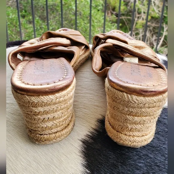 😍 Beautiful Pedro Garcia Women's Slide On Gold Brass Wedge Sandals Sz 38 7
