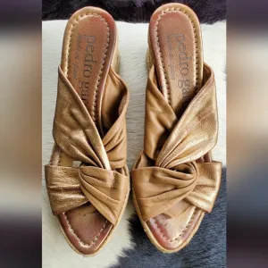 😍 Beautiful Pedro Garcia Women's Slide On Gold Brass Wedge Sandals Sz 38 7