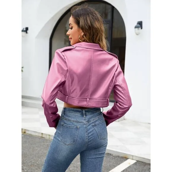 ⭐ Giolshon Women's Cropped Faux Leather Moto Jacket with Belt &amp; Zipper Pockets