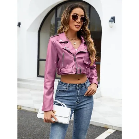 ⭐ Giolshon Women's Cropped Faux Leather Moto Jacket with Belt &amp; Zipper Pockets