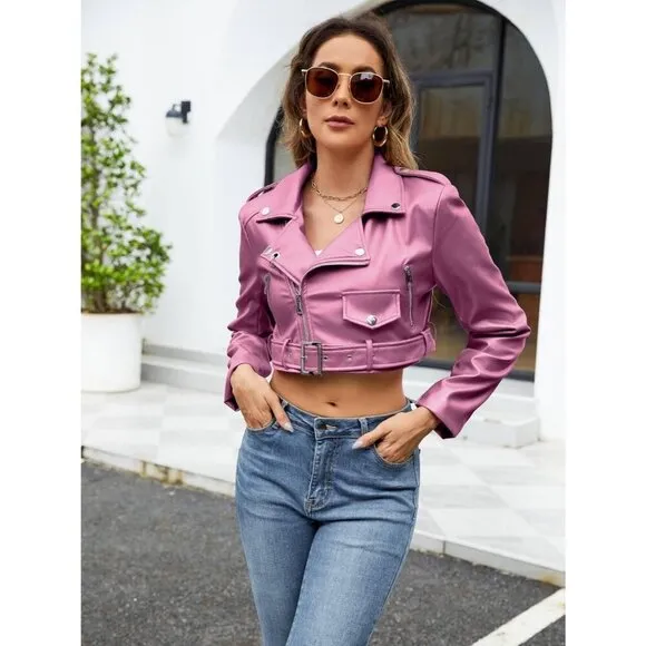⭐ Giolshon Women's Cropped Faux Leather Moto Jacket with Belt &amp; Zipper Pockets