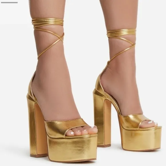 - GOLDEN platform sandals heels ankles straps wrap.