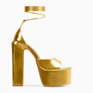 - GOLDEN platform sandals heels ankles straps wrap.