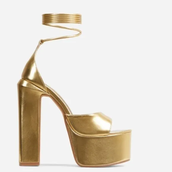 - GOLDEN platform sandals heels ankles straps wrap.