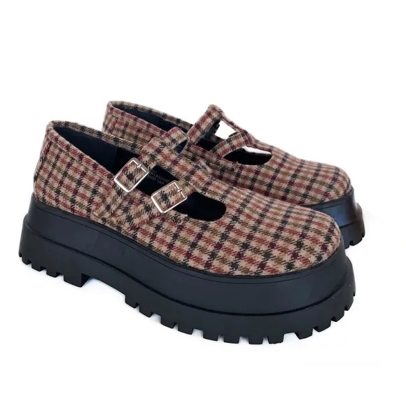 🆕 URBAN OUTFITTERS Tonia Plaid doublestrap Chunky Mary Jane shoes Womens size 6
