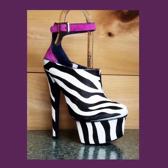 - - Zebra pony real fur mohair 6.75&quot; High Heel Platform Shoes