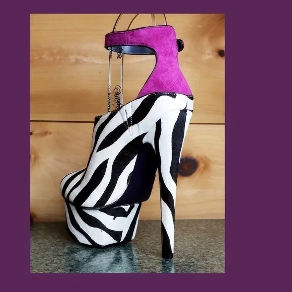 - - Zebra pony real fur mohair 6.75&quot; High Heel Platform Shoes