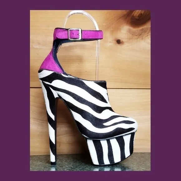 - - Zebra pony real fur mohair 6.75&quot; High Heel Platform Shoes
