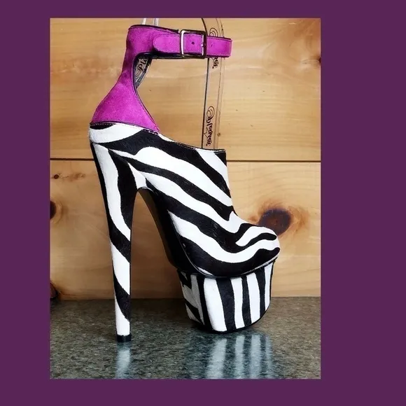 - - Zebra pony real fur mohair 6.75&quot; High Heel Platform Shoes