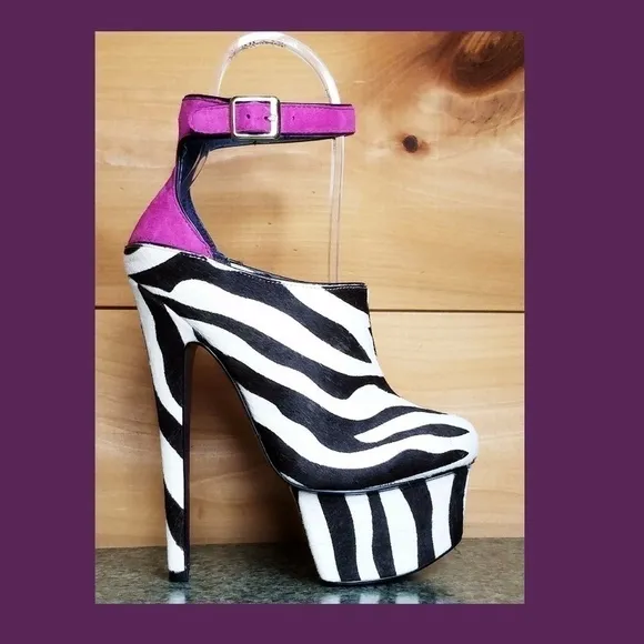 - - Zebra pony real fur mohair 6.75&quot; High Heel Platform Shoes