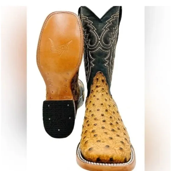 0385 Genuine Ostrich Print Leather Broad Square Toe Boots