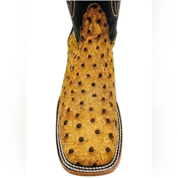 0385 Genuine Ostrich Print Leather Broad Square Toe Boots