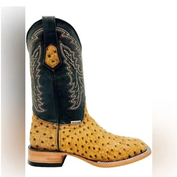0385 Genuine Ostrich Print Leather Broad Square Toe Boots