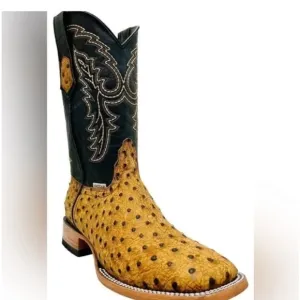 0385 Genuine Ostrich Print Leather Broad Square Toe Boots