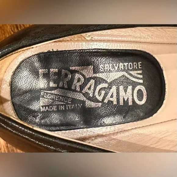 1. Ladies Salvatore Ferragamo Vintage Black Leather and Patent Horse Bit Shoes
