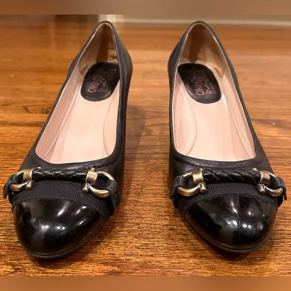 1. Ladies Salvatore Ferragamo Vintage Black Leather and Patent Horse Bit Shoes
