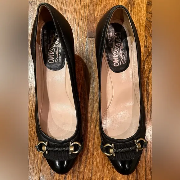 1. Ladies Salvatore Ferragamo Vintage Black Leather and Patent Horse Bit Shoes