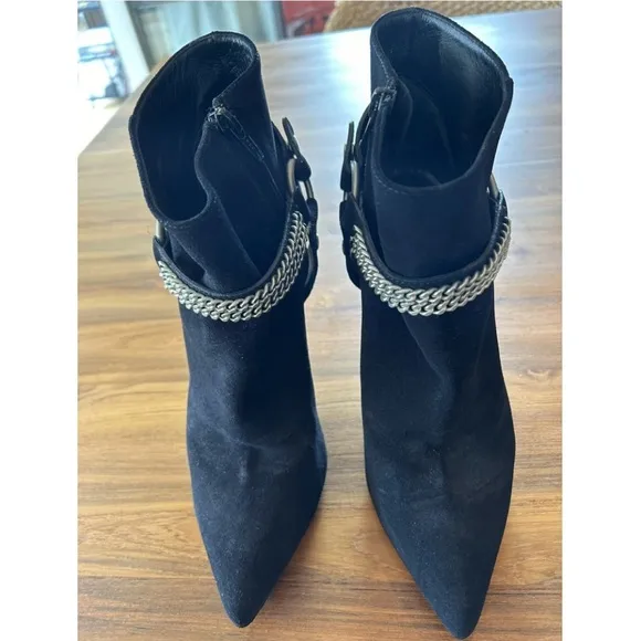 100% authentic Saint Laurent Black Suede Ankle Boots with Chain Detail
