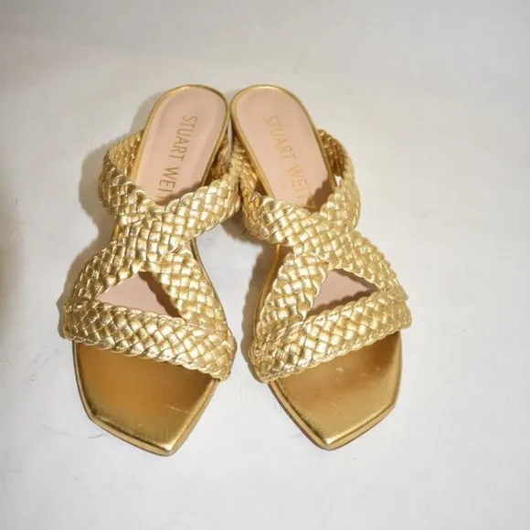 $500 STUART WEITZMAN Rosie Woven Block Heel Side Sandals GOLD 5.5 (DA9)