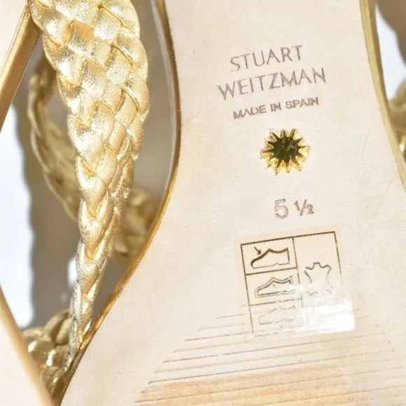 $500 STUART WEITZMAN Rosie Woven Block Heel Side Sandals GOLD 5.5 (DA9)