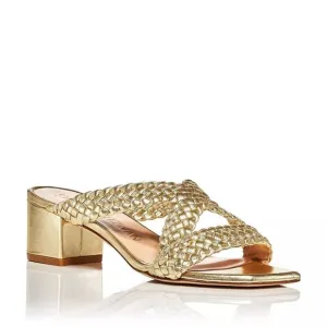 $500 STUART WEITZMAN Rosie Woven Block Heel Side Sandals GOLD 5.5 (DA9)