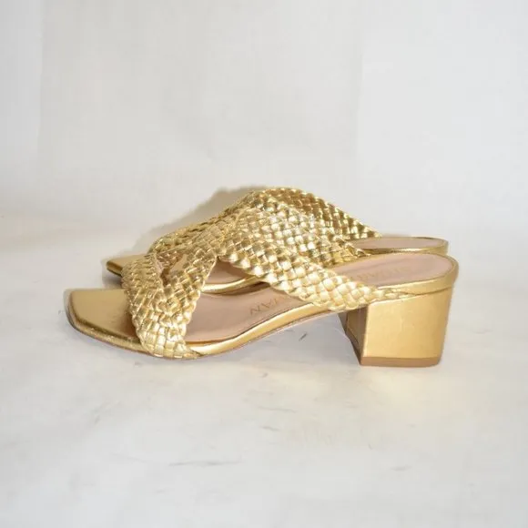 $500 STUART WEITZMAN Rosie Woven Block Heel Side Sandals GOLD 5.5 (DA9)