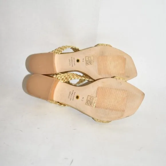 $500 STUART WEITZMAN Rosie Woven Block Heel Side Sandals GOLD 5.5 (DA9)
