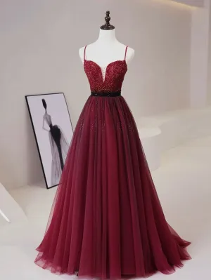 A line burgundy tulle sequin long prom dress burgundy evening dress
