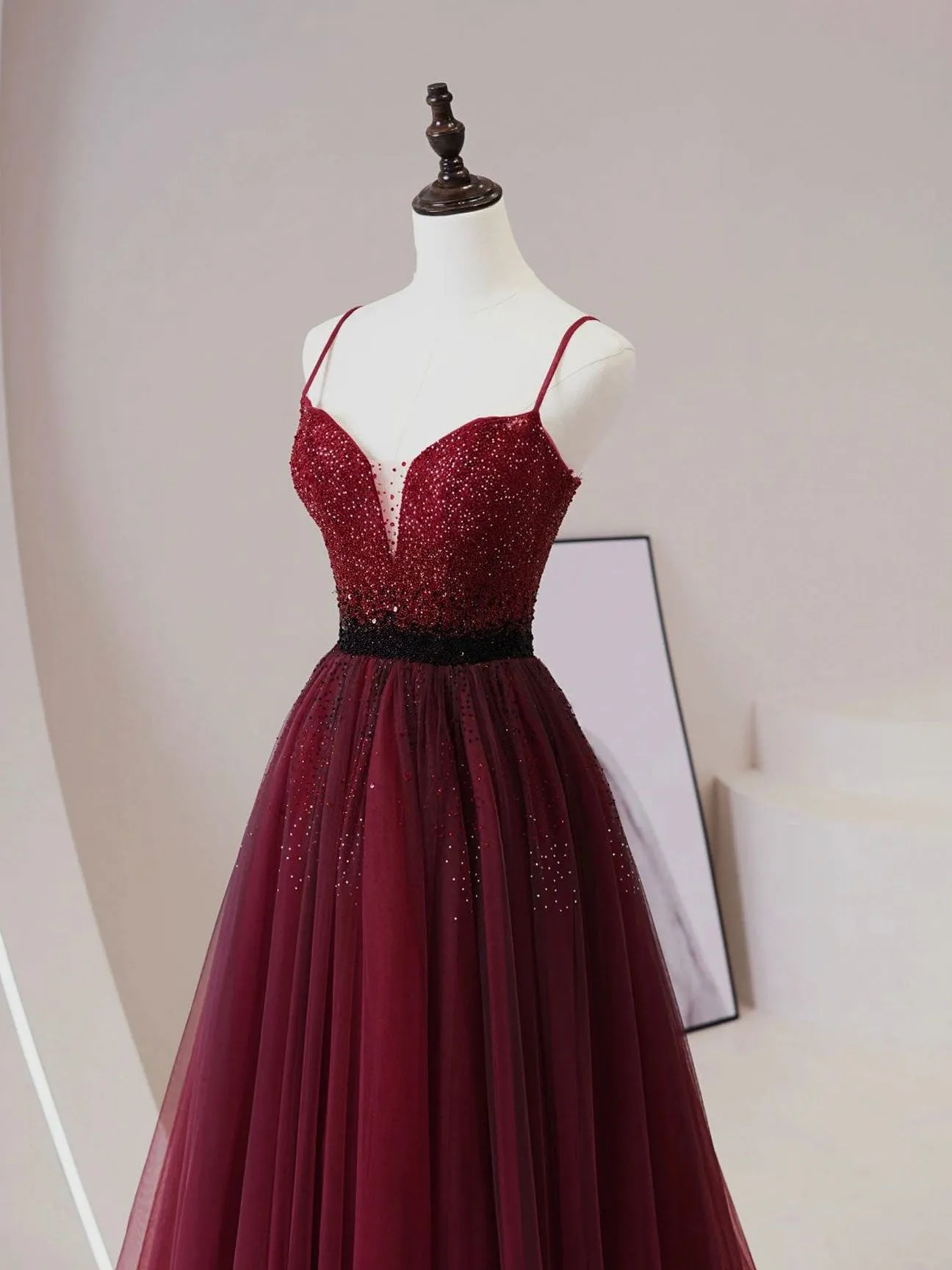 A line burgundy tulle sequin long prom dress burgundy evening dress
