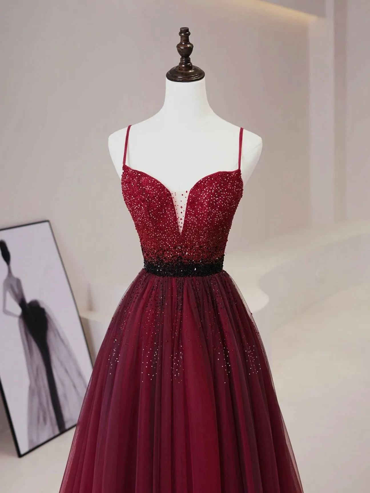 A line burgundy tulle sequin long prom dress burgundy evening dress