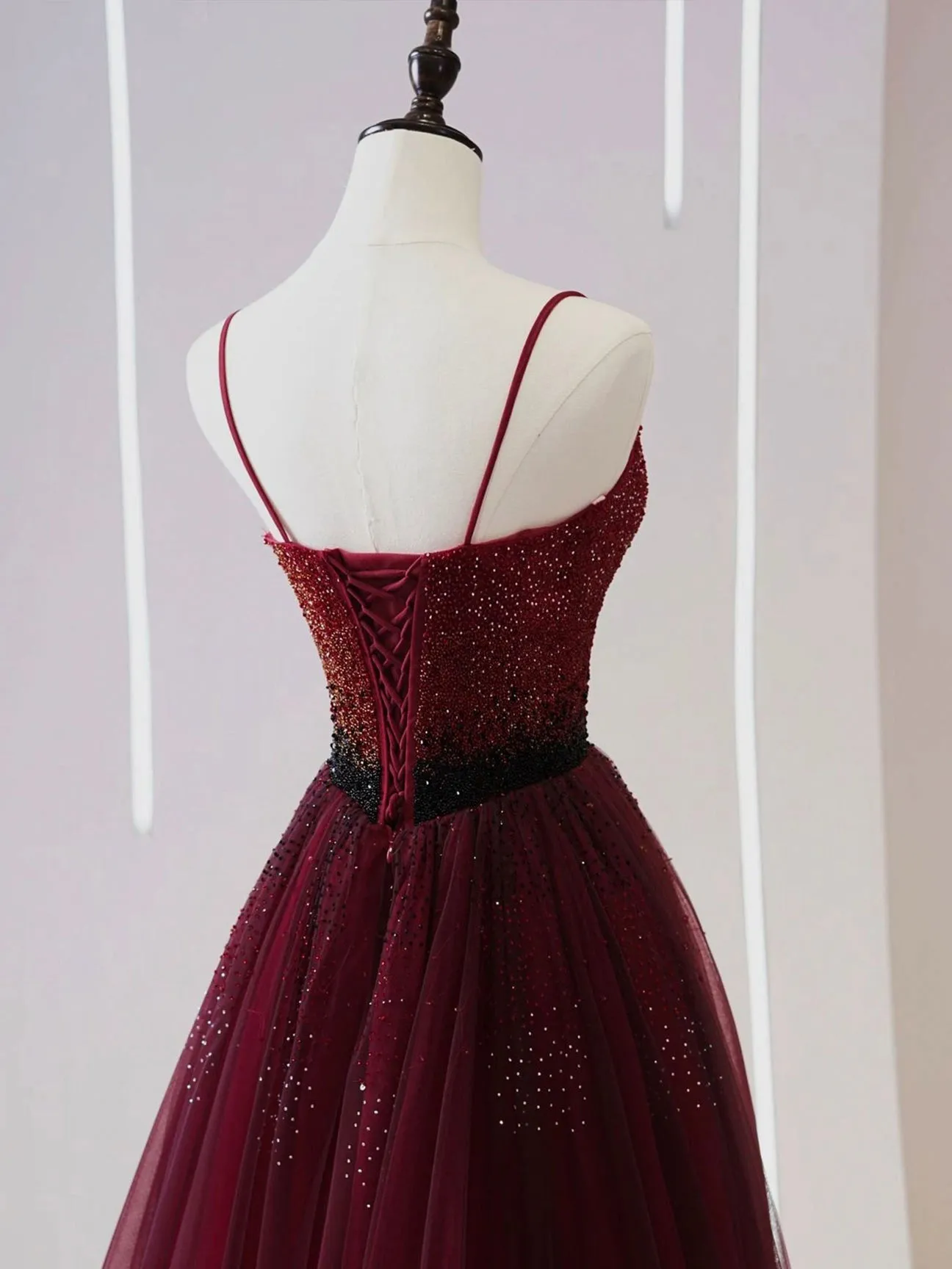A line burgundy tulle sequin long prom dress burgundy evening dress