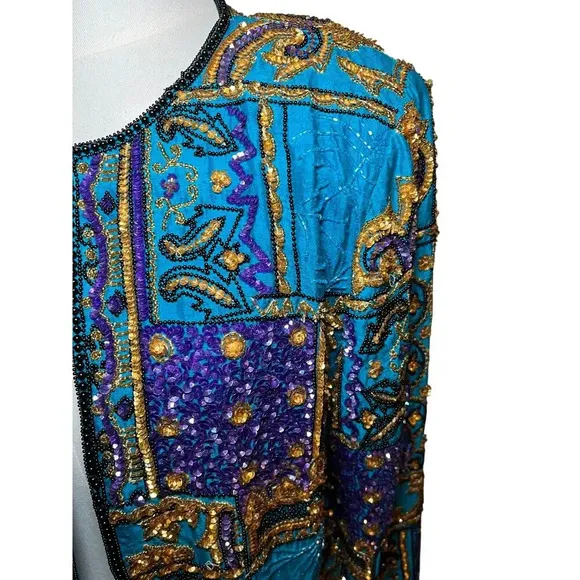 Adrianna Papell Women Small Jacket Turquoise Silk Bead Evening Old Money Vintage