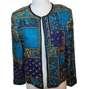 Adrianna Papell Women Small Jacket Turquoise Silk Bead Evening Old Money Vintage
