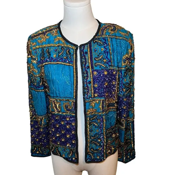 Adrianna Papell Women Small Jacket Turquoise Silk Bead Evening Old Money Vintage