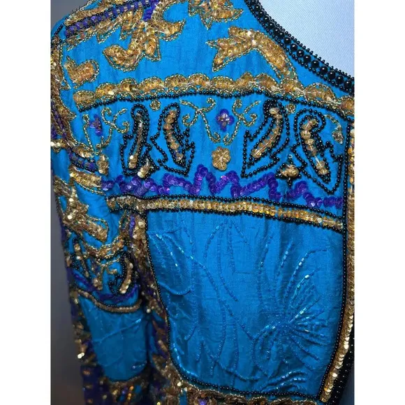 Adrianna Papell Women Small Jacket Turquoise Silk Bead Evening Old Money Vintage