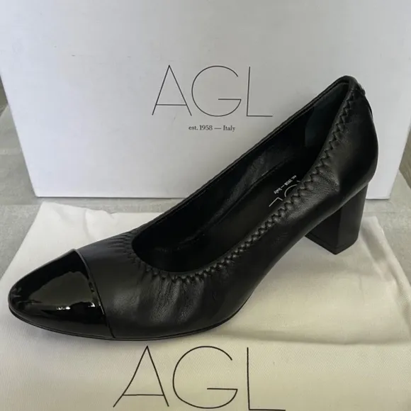 AGL ATTILIO GIUSTI LEOMBRUNI Cap Toe Pump Heel Shoes Black Leather NEW 38.5