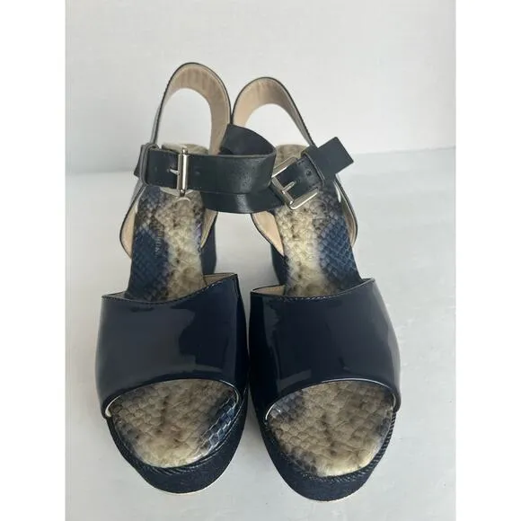 AGL ATTILIO GIUSTI LEOMBRUNI PATENT LEATHER/DENIM PLATFORMS SANDAL SHOES Sz 7