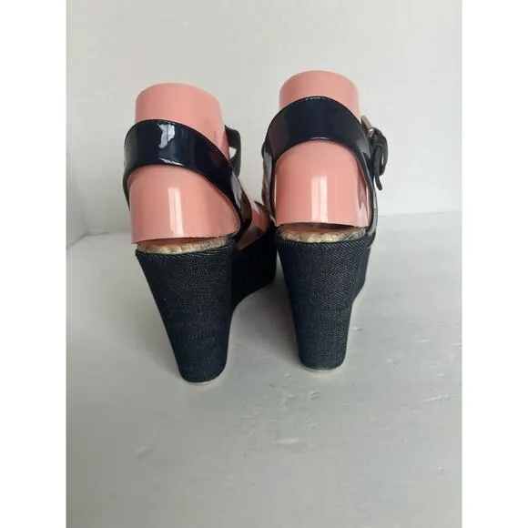 AGL ATTILIO GIUSTI LEOMBRUNI PATENT LEATHER/DENIM PLATFORMS SANDAL SHOES Sz 7