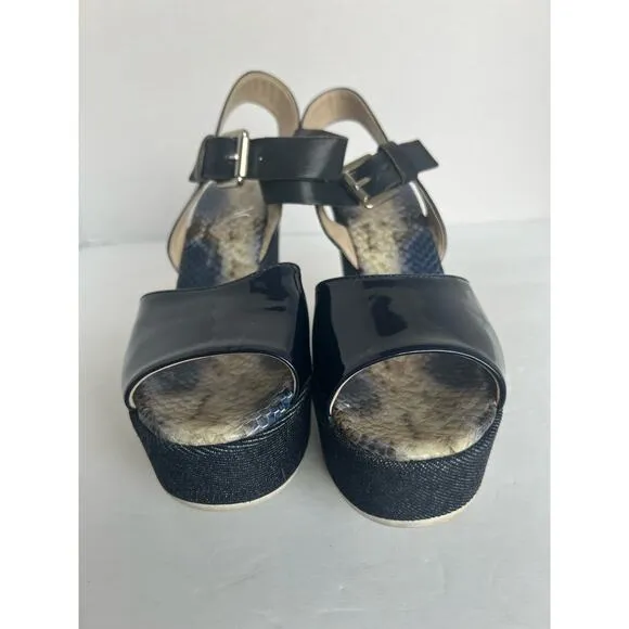 AGL ATTILIO GIUSTI LEOMBRUNI PATENT LEATHER/DENIM PLATFORMS SANDAL SHOES Sz 7