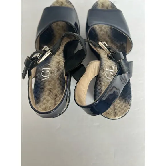 AGL ATTILIO GIUSTI LEOMBRUNI PATENT LEATHER/DENIM PLATFORMS SANDAL SHOES Sz 7