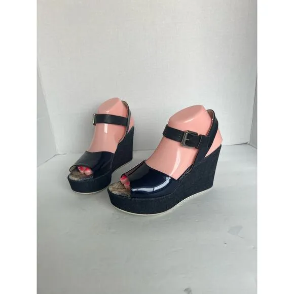 AGL ATTILIO GIUSTI LEOMBRUNI PATENT LEATHER/DENIM PLATFORMS SANDAL SHOES Sz 7