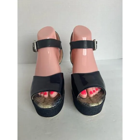 AGL ATTILIO GIUSTI LEOMBRUNI PATENT LEATHER/DENIM PLATFORMS SANDAL SHOES Sz 7