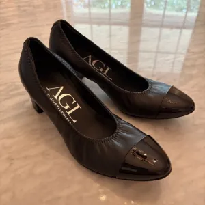 AGL Leather Pumps Block Heel Cap Toe Classic Black Size 37