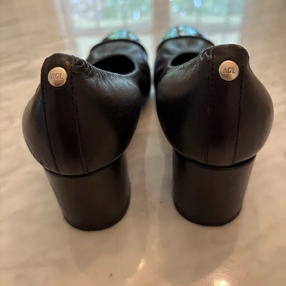 AGL Leather Pumps Block Heel Cap Toe Classic Black Size 37