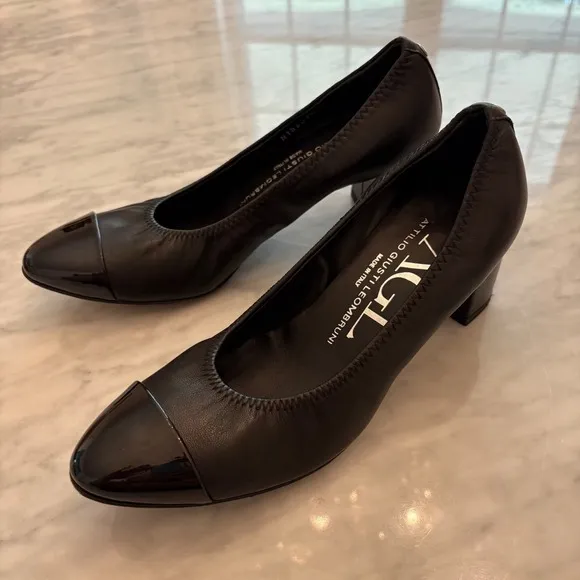 AGL Leather Pumps Block Heel Cap Toe Classic Black Size 37