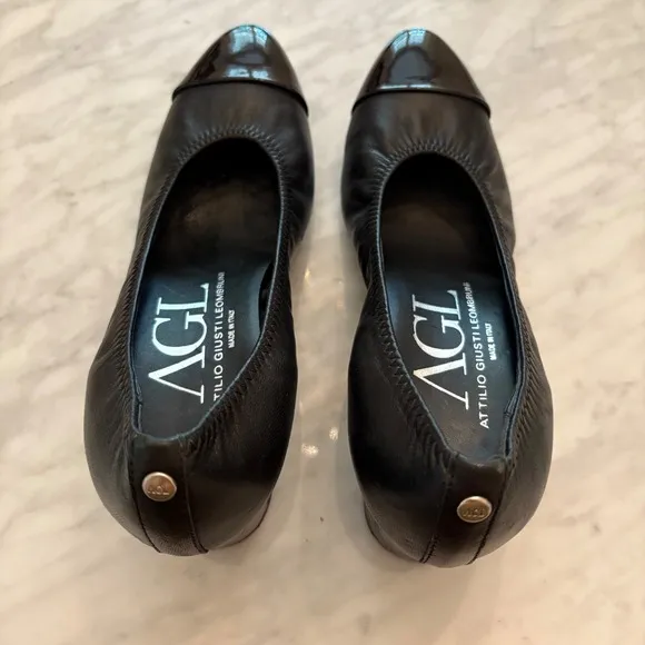 AGL Leather Pumps Block Heel Cap Toe Classic Black Size 37
