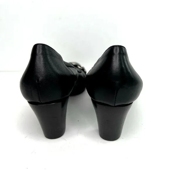 AGL Women's Classic Pump Cuban Heels Shoes Black Leather Slip On Chain Accent.
